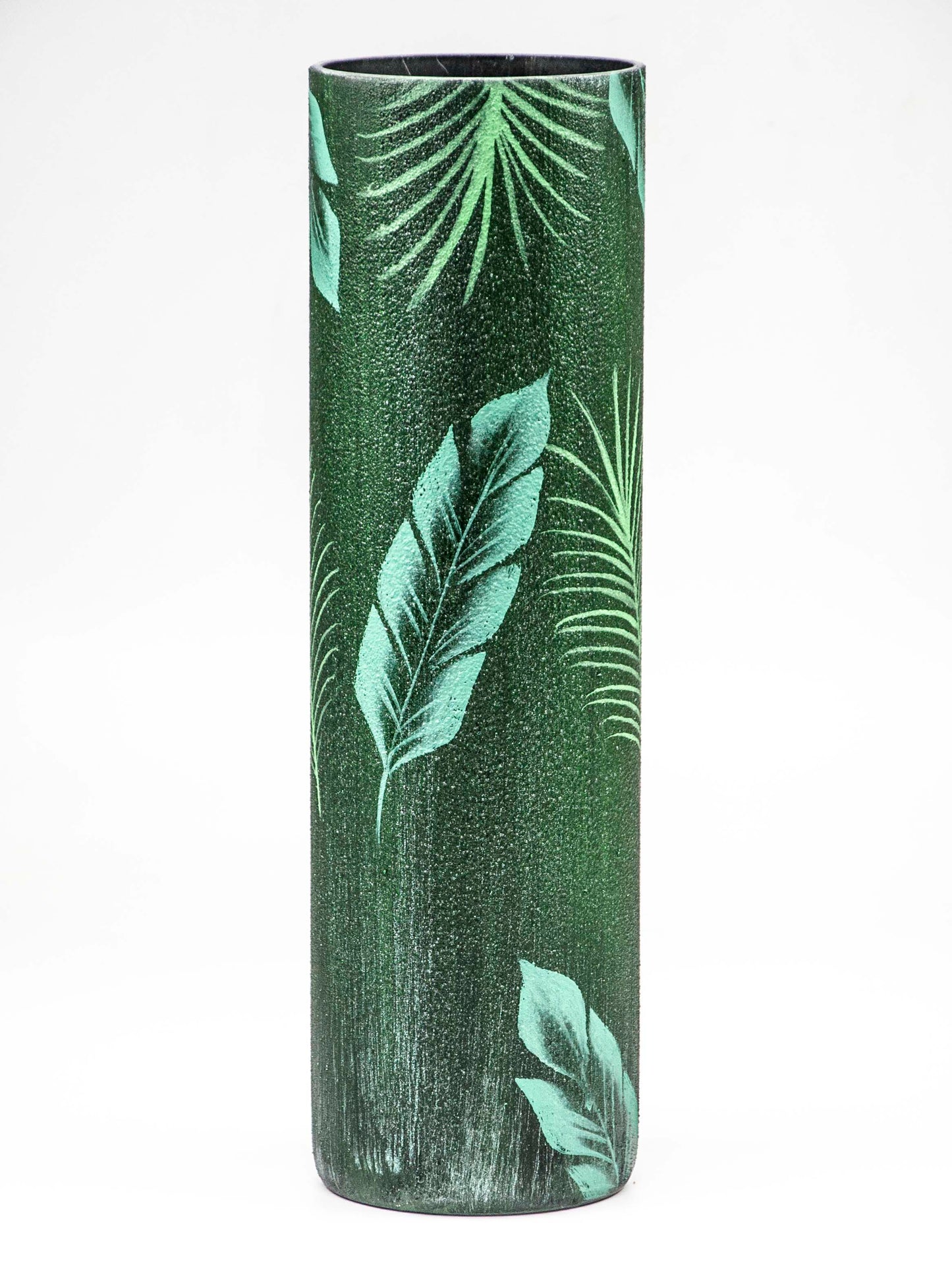 Glass vase for flowers | Cylinder Vase | Interior Design | Home Decor | Large Floor Vase 16 inch | Tropical leaves decorated vase