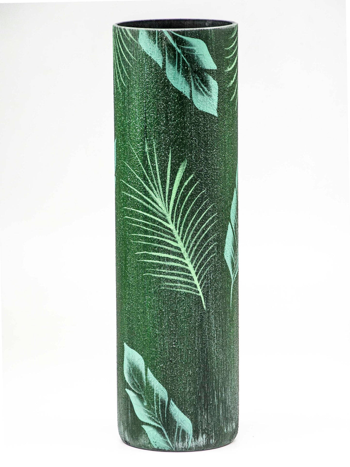 Glass vase for flowers | Cylinder Vase | Interior Design | Home Decor | Large Floor Vase 16 inch | Tropical leaves decorated vase